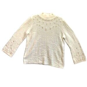 Chicos Sweater Size 2 Large Ivory Embellished Mock Neck Quiet Luxury Dinner Date
